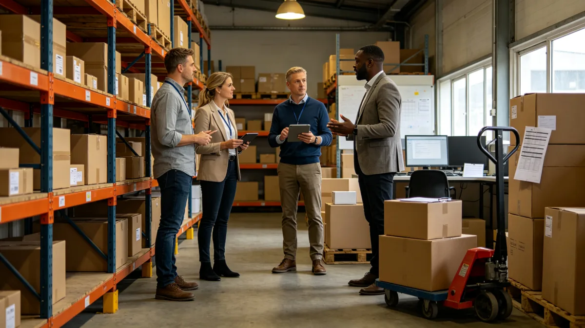 Workers and managers stand between warehouse shelves, boxes, carts, and shipping materials while discussing operations, showing logistics coordination, inventory review, and workplace collaboration.