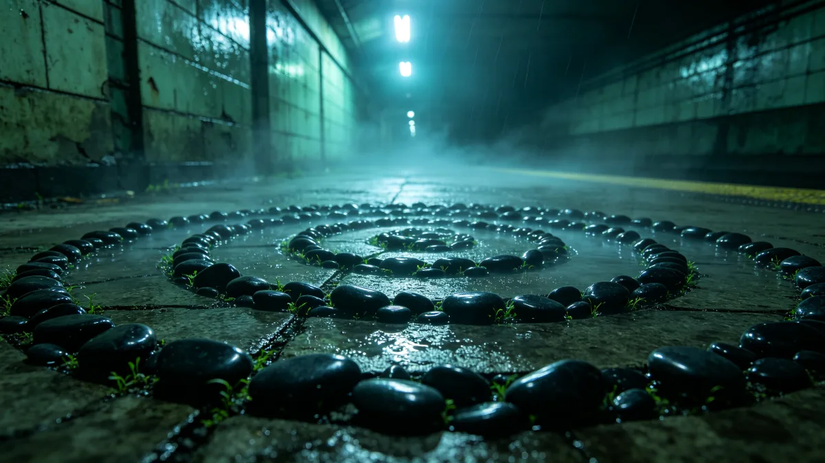 A spiral of dark stones sits in a flooded concrete tunnel lit by green-blue overhead lights.