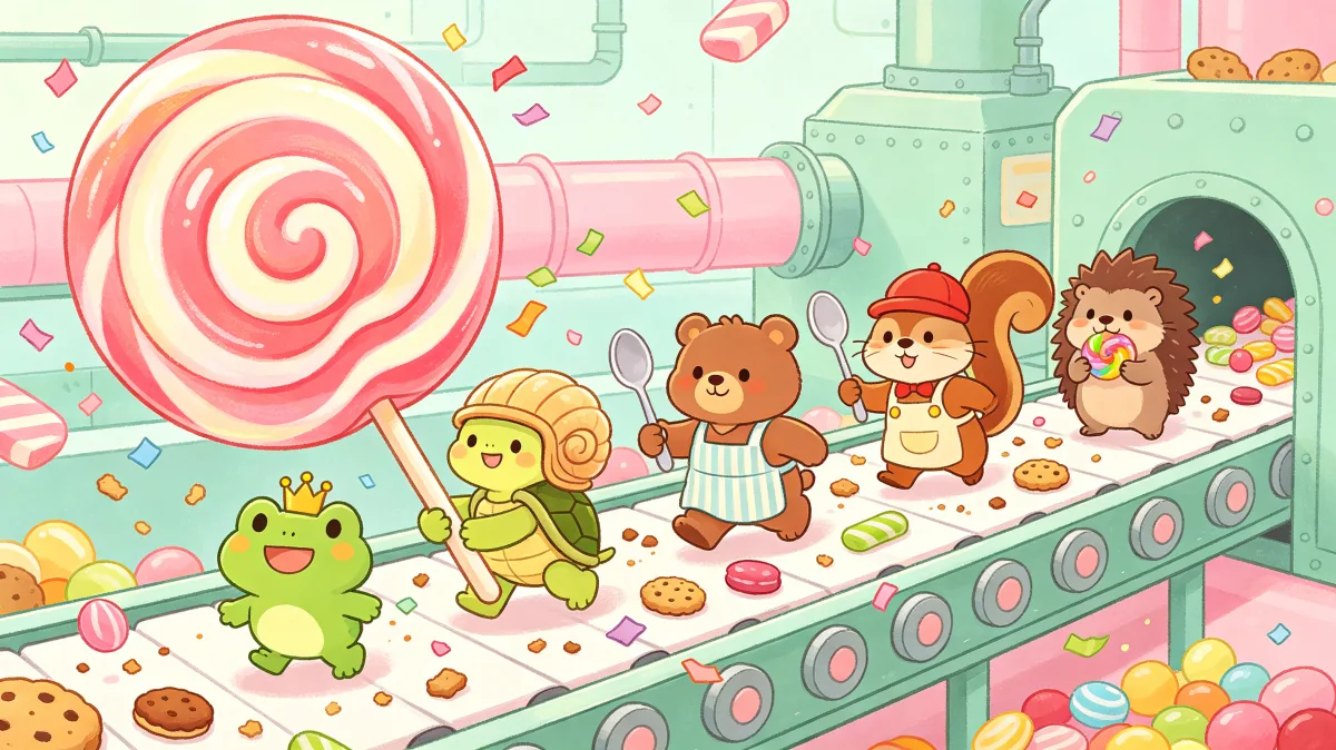 A colorful storybook cartoon scene featuring candy factory animal adventure, designed for playful children-friendly illustration use.