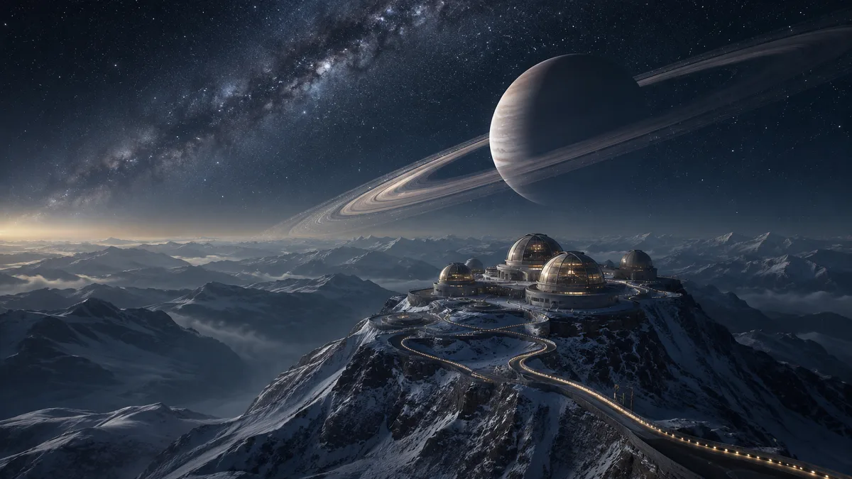 winding mountain road under ringed planet and stars