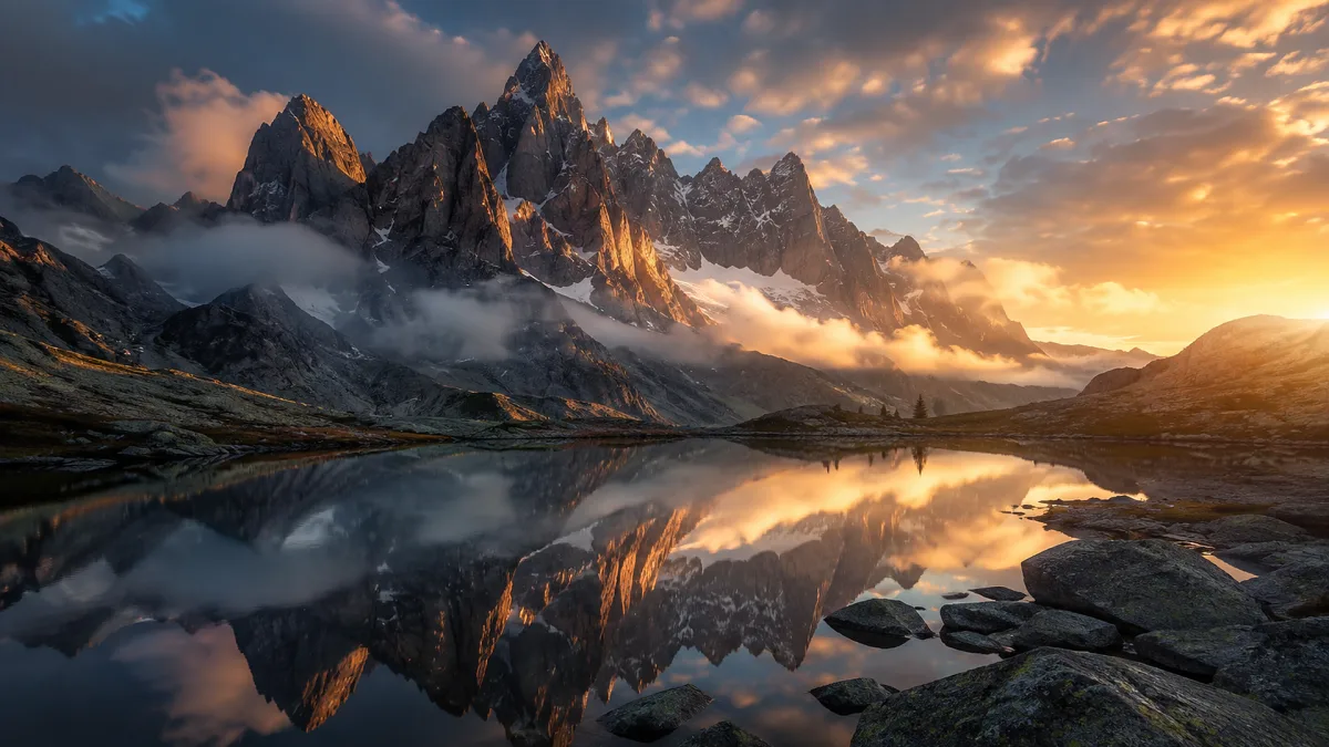 alpine mountain peaks reflected in lake at sunrise
