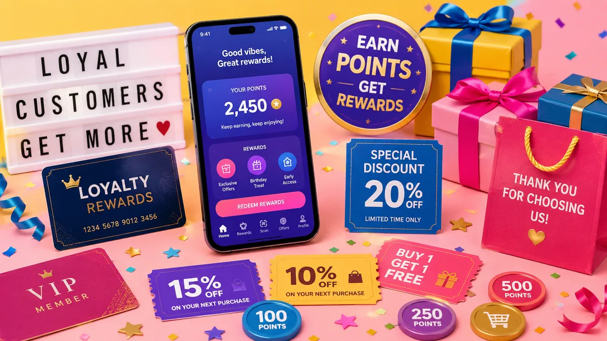 A bright mobile loyalty program promotion shows reward points, coupons, VIP cards, gift boxes, and colorful customer-retention offers.