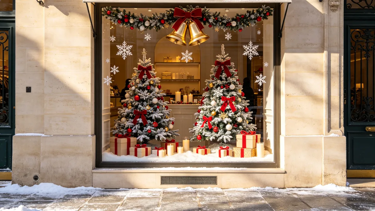 Christmas storefront window with trees, gifts, and snowflake decals