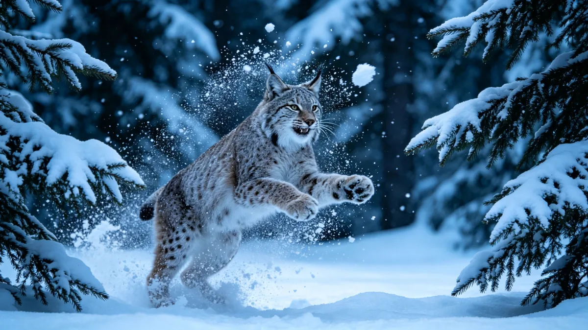 Lynx jumping and splashing snow inside boreal winter forest.