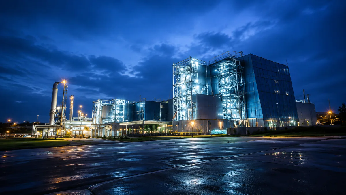 A power plant complex shines with blue industrial lights after dark.