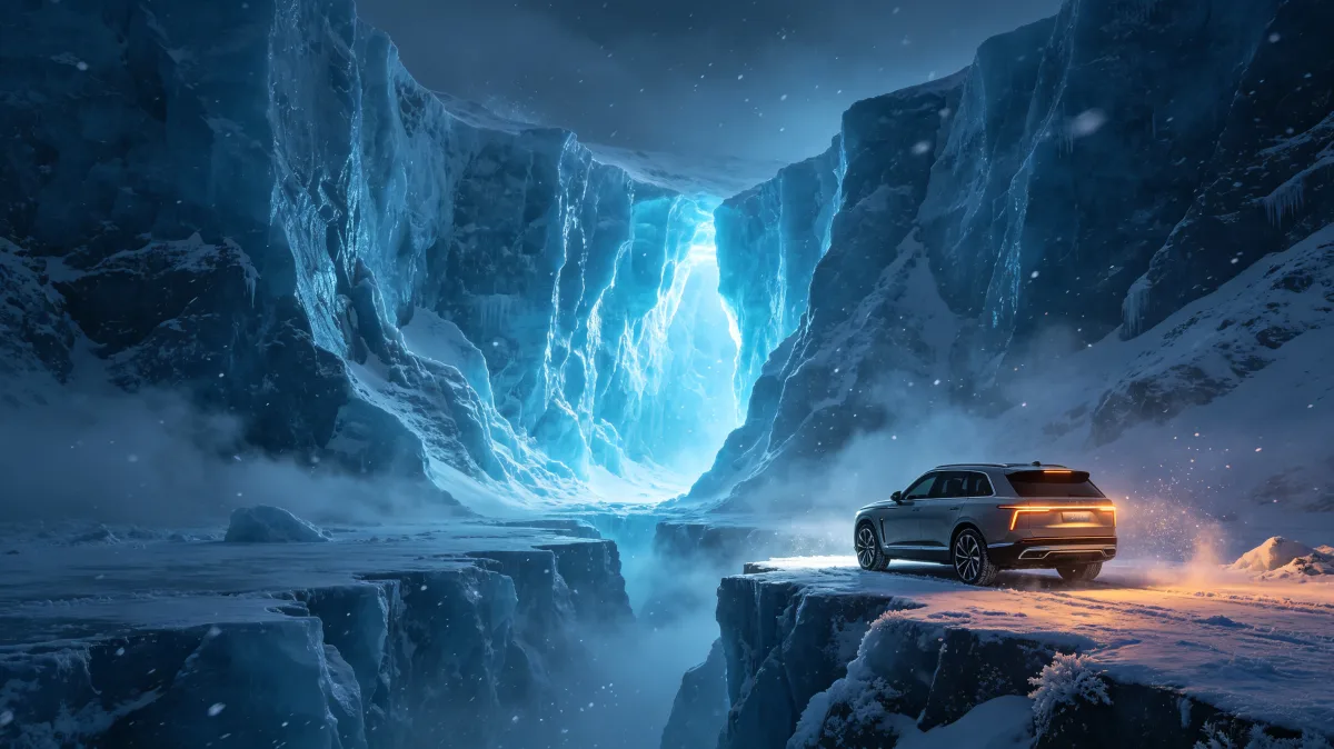 Frozen Canyon Road With Speeding Car