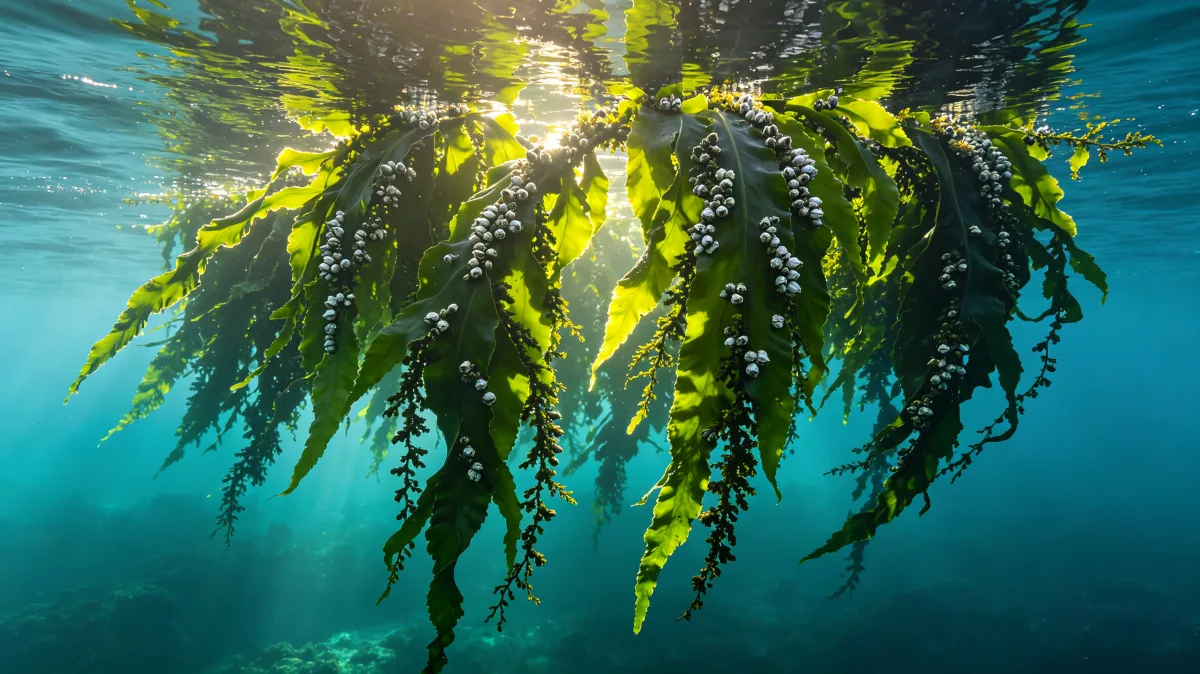 green kelp floats underwater in sunlit turquoise sea.