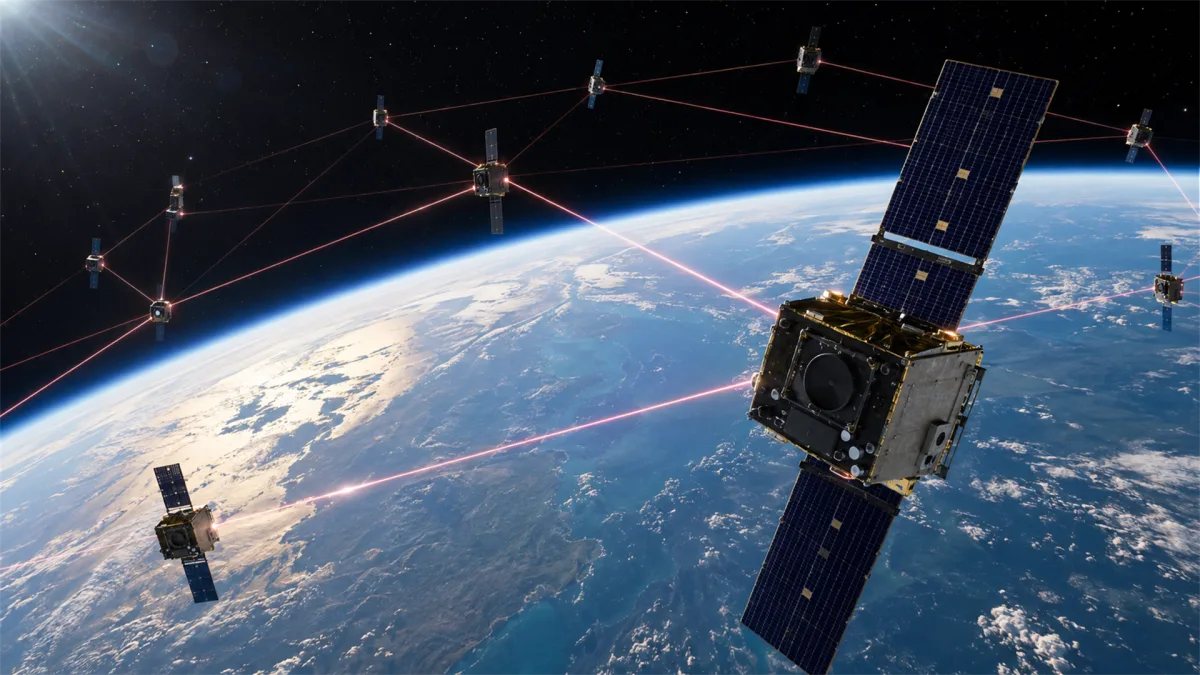 multiple satellites exchange red and blue beams above the curvature of earth, presenting orbital communication, satellite internet, space-based routing, and resilient global connectivity.