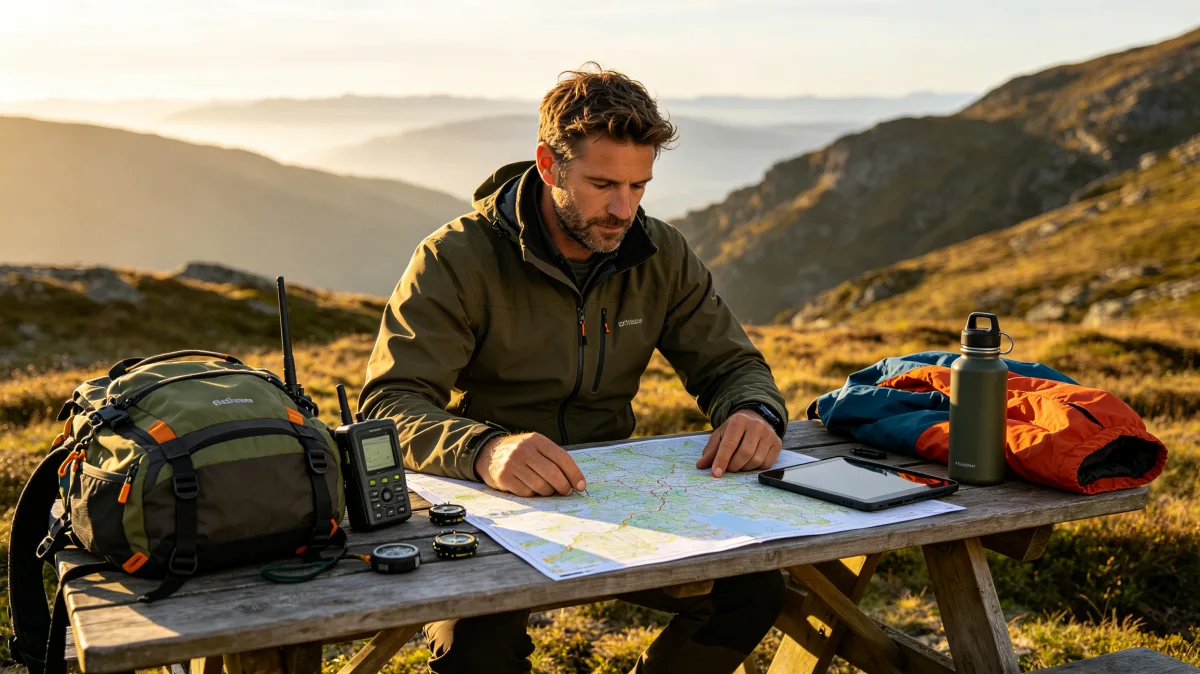 A man works at an outdoor table in a mountain valley with maps, gear, coffee, and a laptop, showing field planning, survey work, travel logistics, and professional focus outside a traditional office.