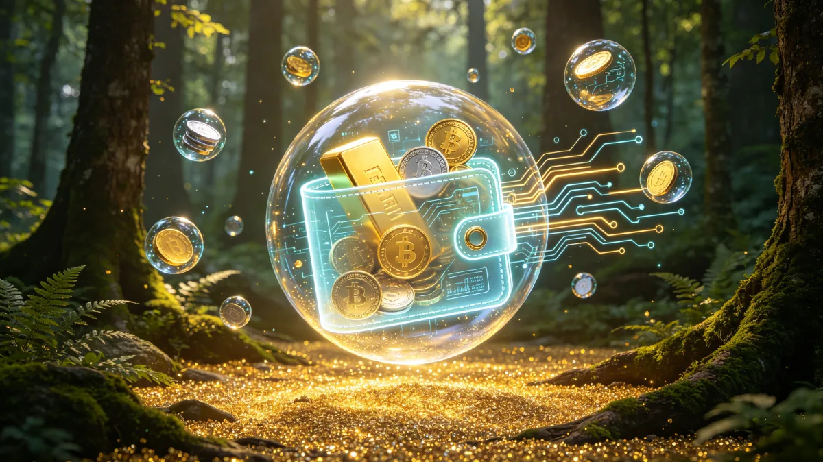 A glowing transparent bubble containing coins and cash floats in a forest clearing, with circuit-like lines suggesting a fragile digital wallet or speculative asset surrounded by natural imagery.