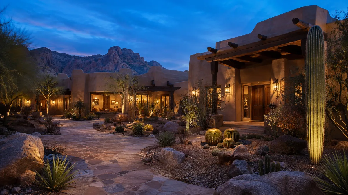 A desert luxury residence glows at dusk among cacti, stone landscaping, mountain silhouettes, and warm exterior lighting.