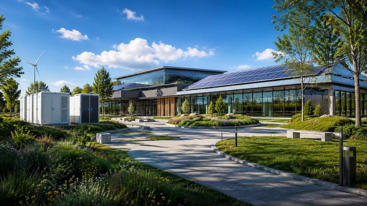 A modern low building combines solar panels, landscaping, and efficient clean-energy design.