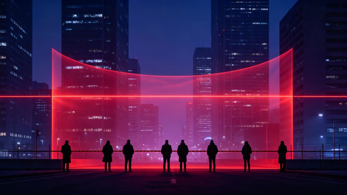 a red transparent security screen stands before silhouetted figures in a night city.