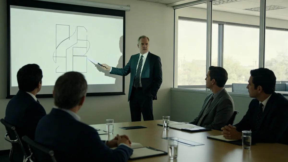 A presenter stands at the front of a meeting room pointing to a diagram while colleagues sit around a conference table, showing structured business communication, planning, and leadership.