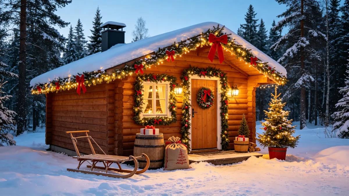 glowing log cabin decorated for Christmas in snowy forest