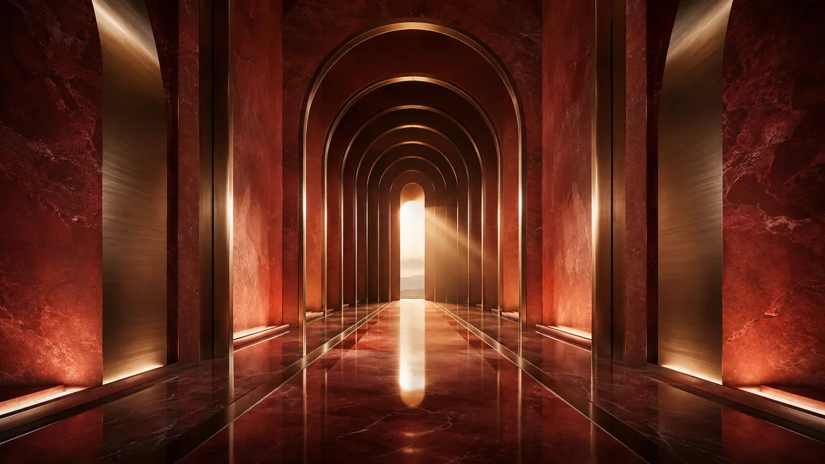 red arched corridor leading toward bright vertical light