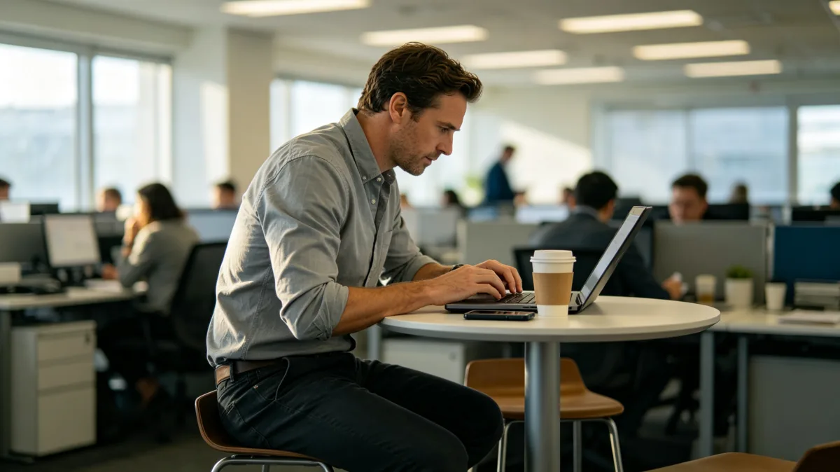 A man types on a laptop at a compact table in an open office with coworkers blurred in the background, presenting everyday focused work, concentration, and modern workplace routine.