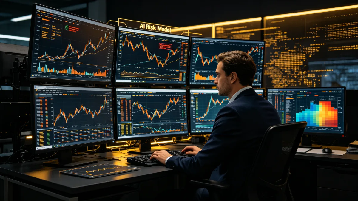 Trader viewing AI market analytics across multiple financial screens