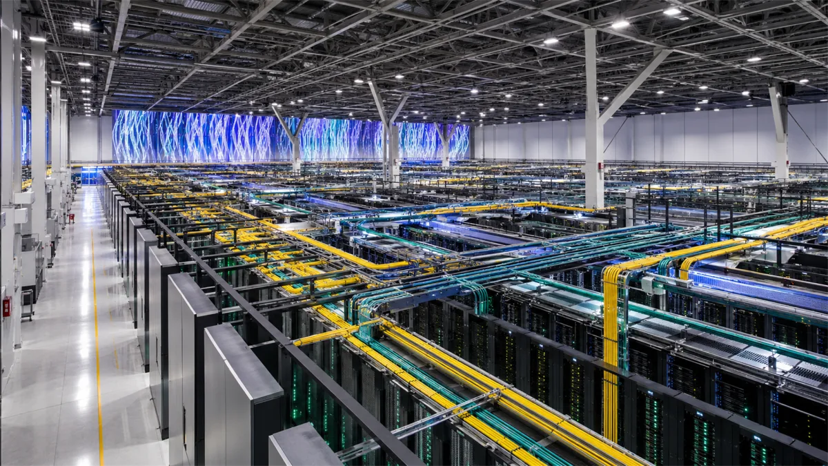A vast data hall contains many server cabinets, overhead cable trays, and industrial lighting, showing the scale of modern computing facilities that support search, streaming, artificial...