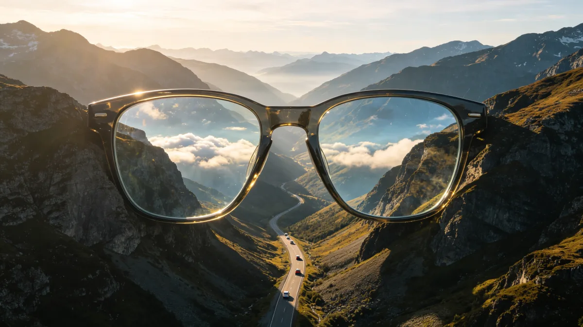 oversized eyeglasses sit in a mountain pass and frame the road and sky through their lenses, creating a clean metaphor for vision, clarity, perspective, travel, and seeing the landscape differently.