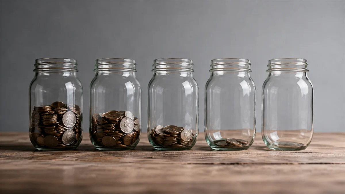 A row of glass jars contains uneven amounts of coins, showing savings habits, income inequality, emergency funds, and household financial planning.