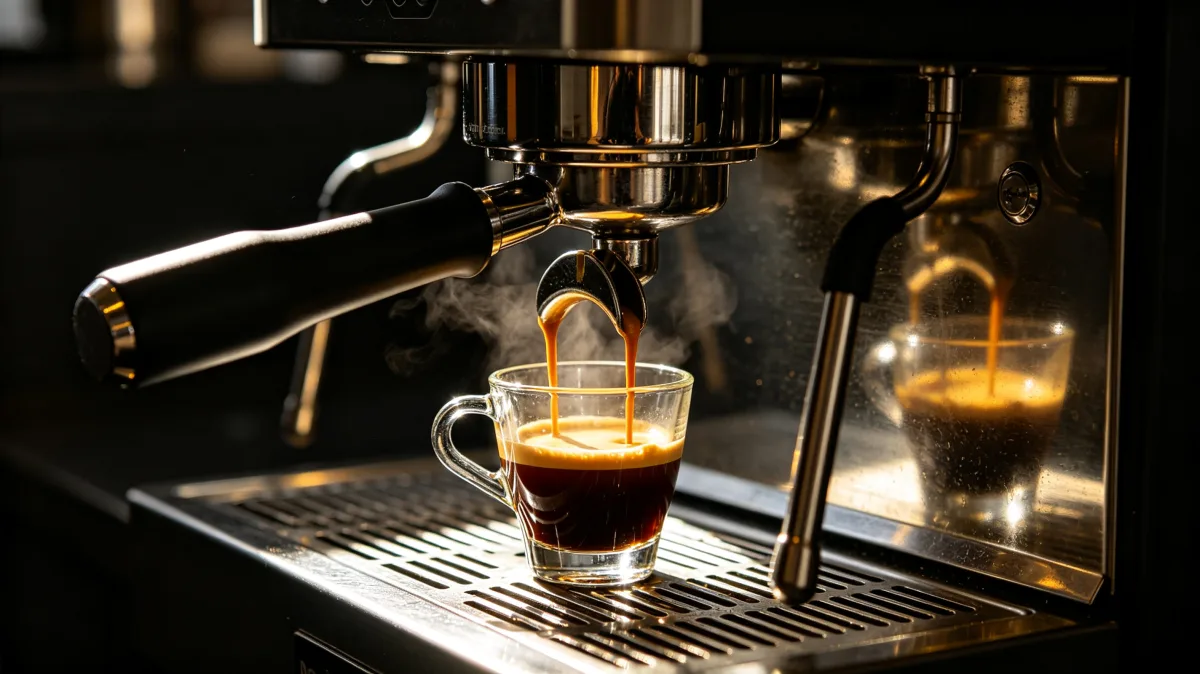 espresso machine pouring fresh shot into glass cup