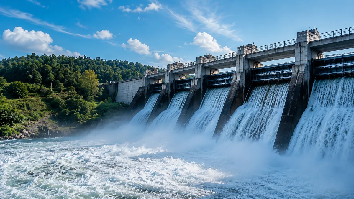 A dam spillway sends white water rushing below a broad concrete structure.