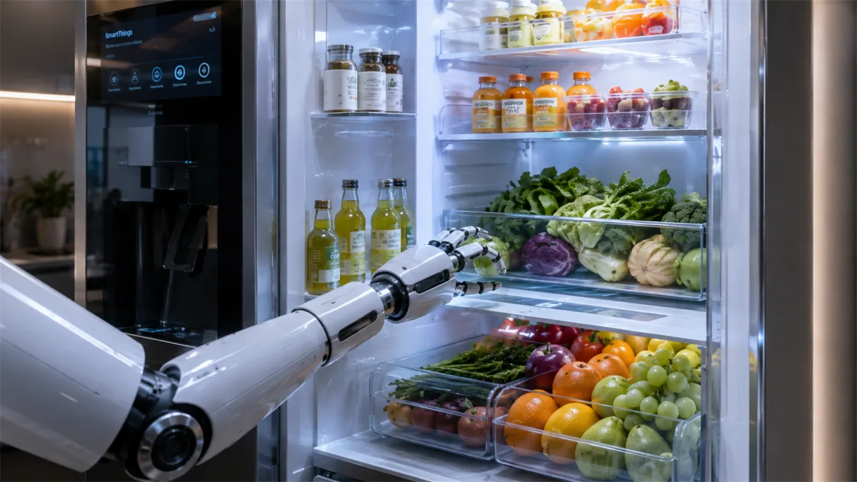 A robotic arm reaches into a smart refrigerator to arrange fresh produce, drinks, and prepared foods inside illuminated shelves.