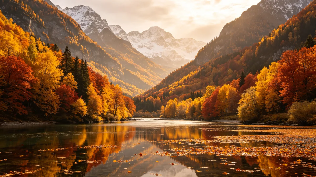 autumn trees line a reflective lake between warm mountain slopes.