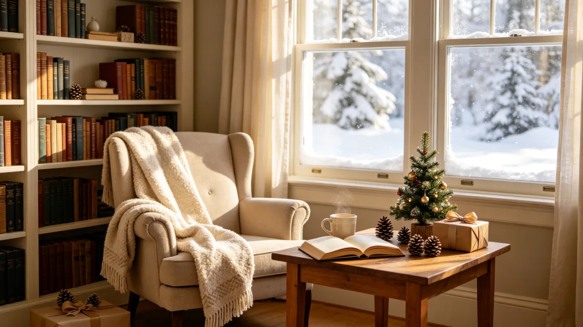 cozy reading chair beside snowy window and small Christmas tree