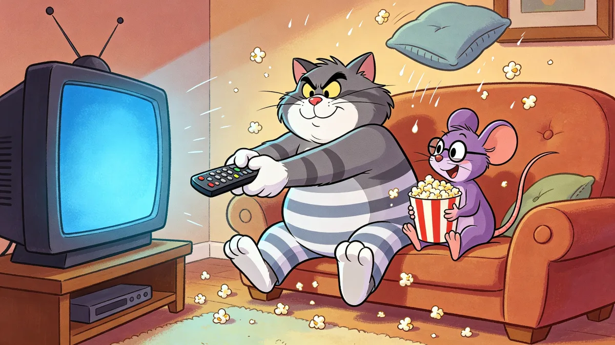 A colorful storybook cartoon scene featuring cat watching television with mouse friend, designed for playful children-friendly illustration use.