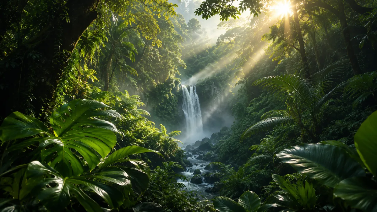 jungle waterfall with sunbeams through tropical leaves