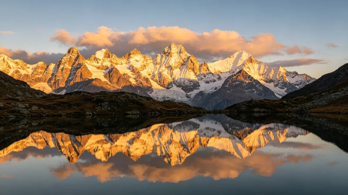 a glacier descends between dark mountain walls into a pale turquoise alpine lake.