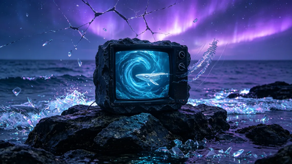 A cube-shaped portal glows blue on a rocky shore beneath purple aurora and breaking waves.
