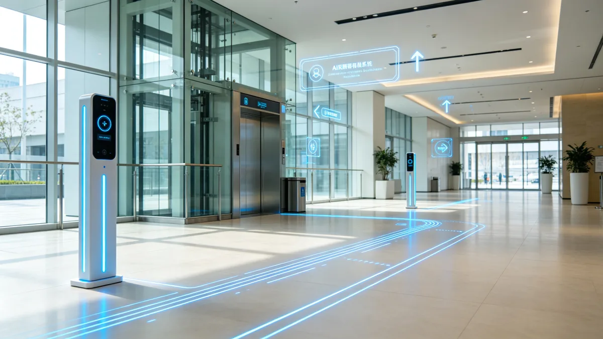 Modern office lobby with digital access control and glowing navigation lines