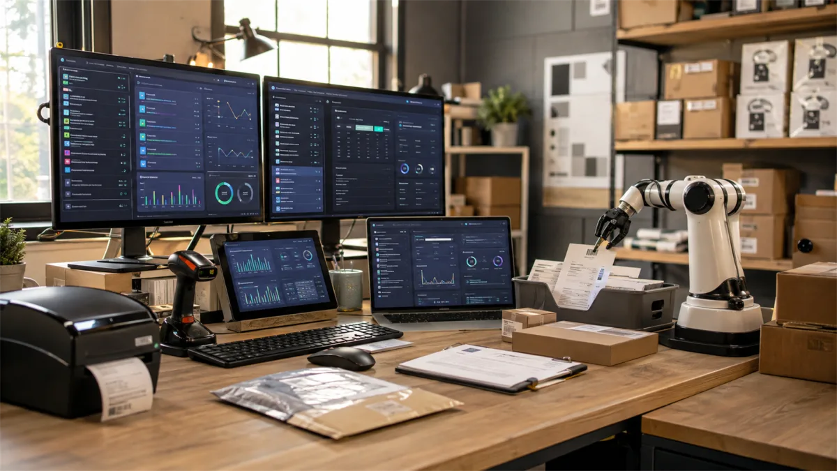 A workbench holds multiple monitors, small robots, packages, tools, and diagnostic dashboards for home robotics development or repair.