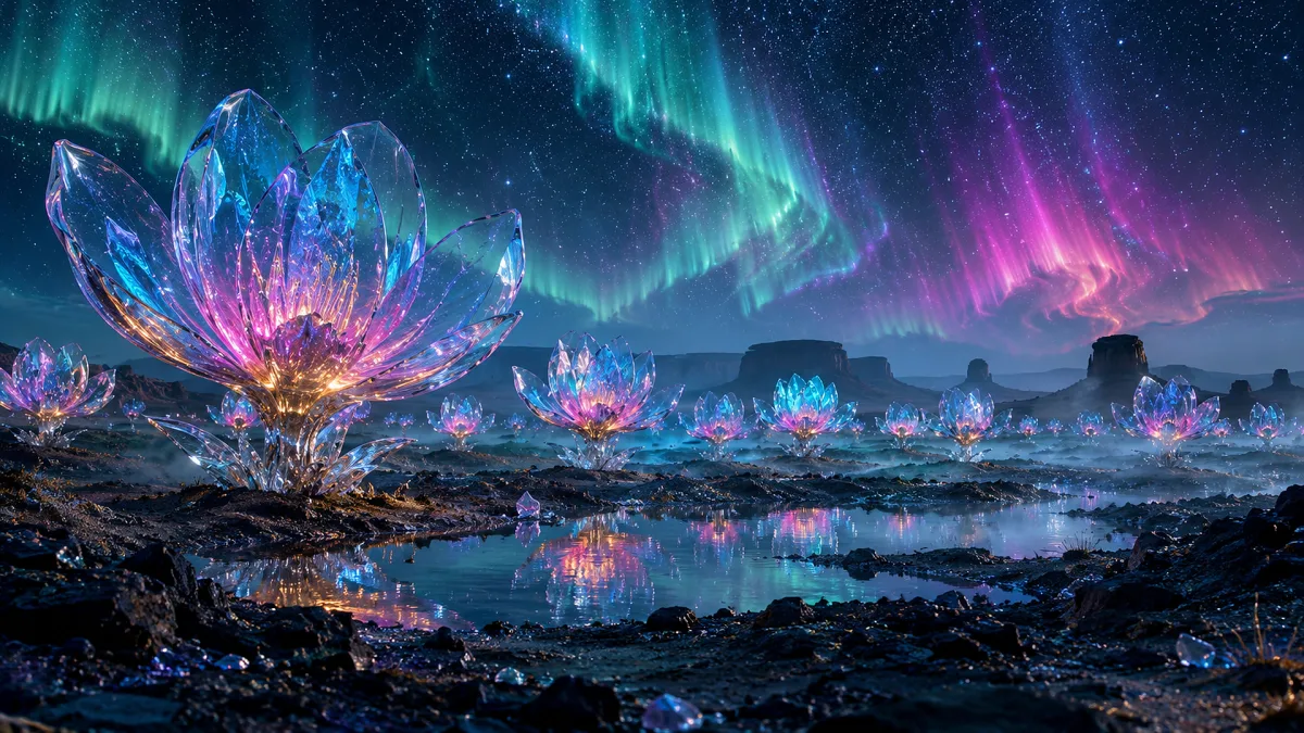 glowing lotus flowers in wetland under aurora lights