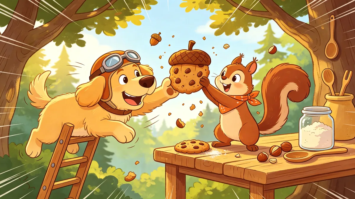 A colorful storybook cartoon scene featuring dog and squirrel cookie picnic, designed for playful children-friendly illustration use.