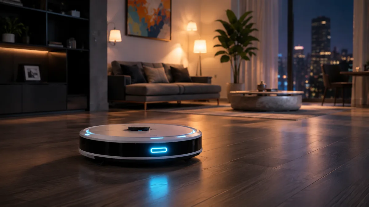 A robot vacuum cleans a polished apartment floor at night while city lights shine through large windows, showing quiet domestic automation.