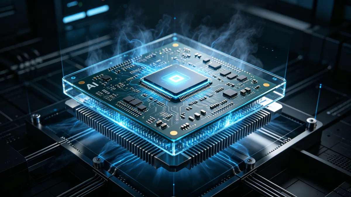 Glowing AI processor chip on high tech circuit board