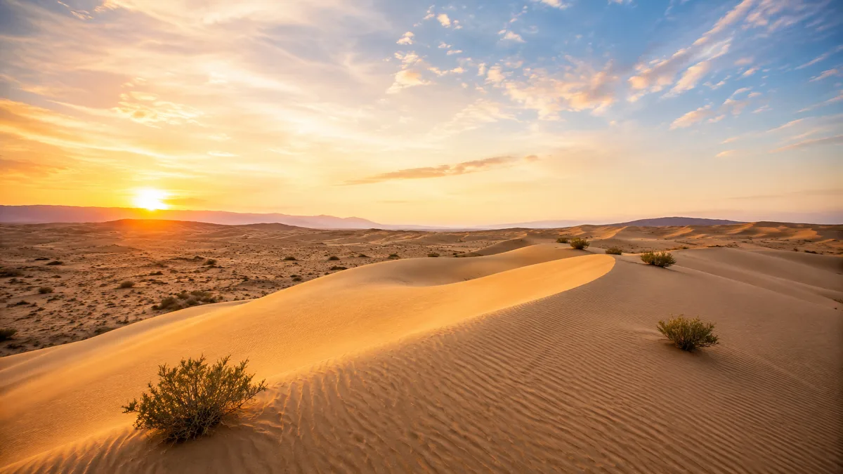 Golden sun rises above desert dunes and sparse dry shrubs.