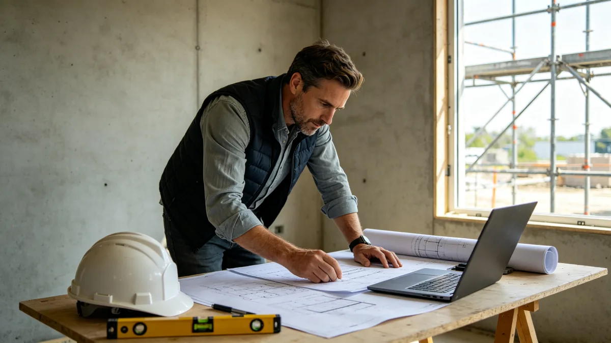 A man in a vest works over construction drawings with a laptop, hard hat, ruler, and scaffold visible outside, showing practical jobsite planning, document review, and building coordination.