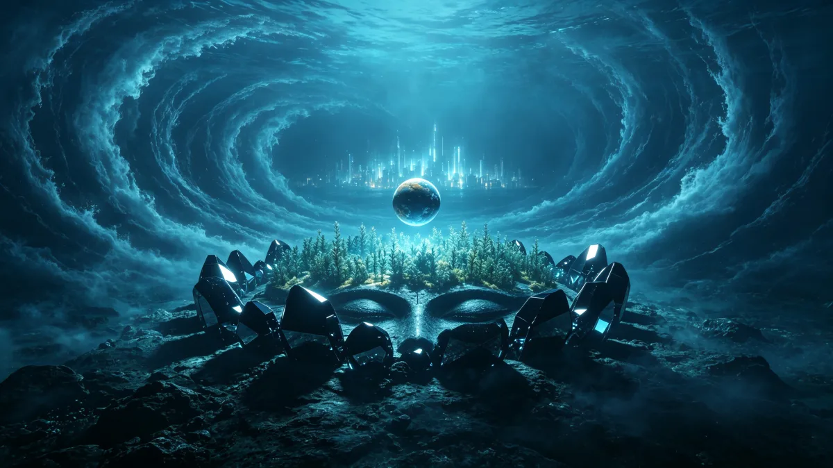 A blue vortex curls above a circular chamber with small silhouetted figures around it.