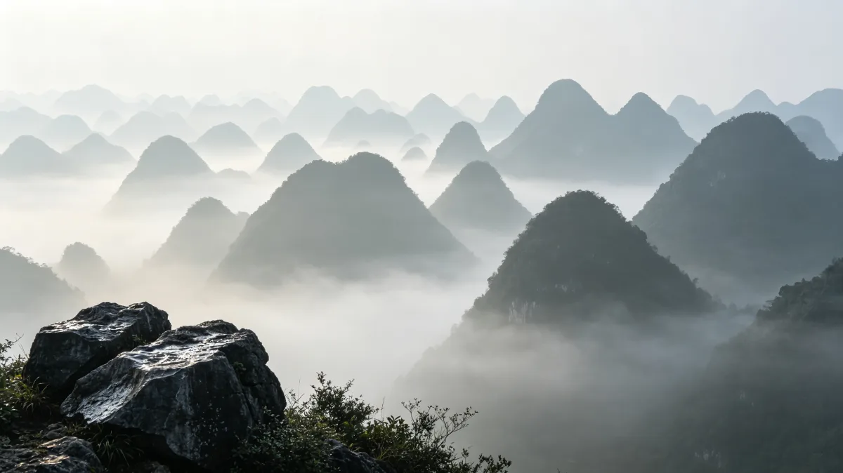 rounded karst peaks fade into mist above dark foreground rocks.