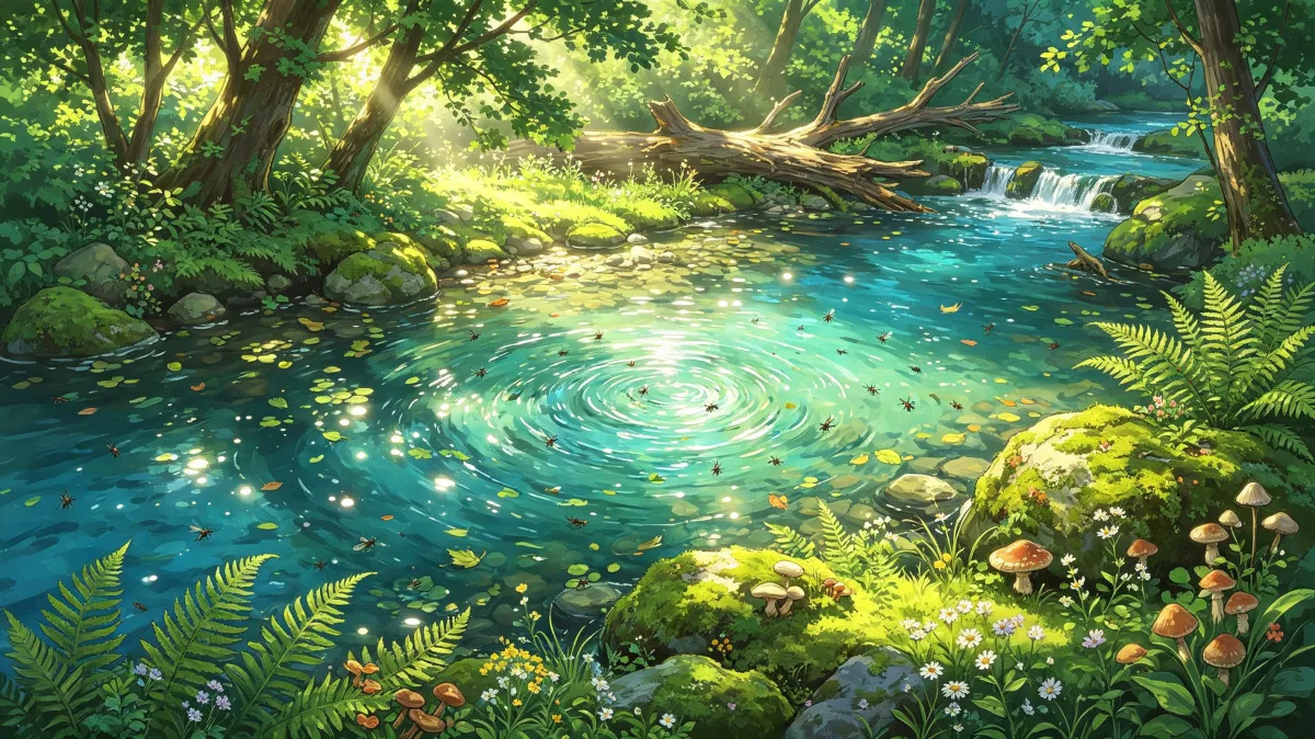 A bright turquoise pool sits beneath trees, ferns, flowers, and mushrooms, with ripples glowing in sunlight to create a serene forest water scene for relaxation, fantasy backgrounds, and natural...