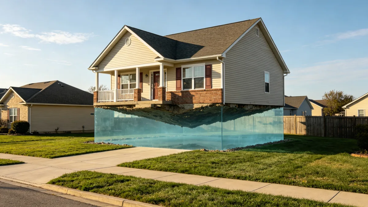 A suburban home hovers inside or above a clear glasslike block on a neighborhood lot, turning ordinary housing into a striking metaphor for property value, transparency, foundations, and surreal...