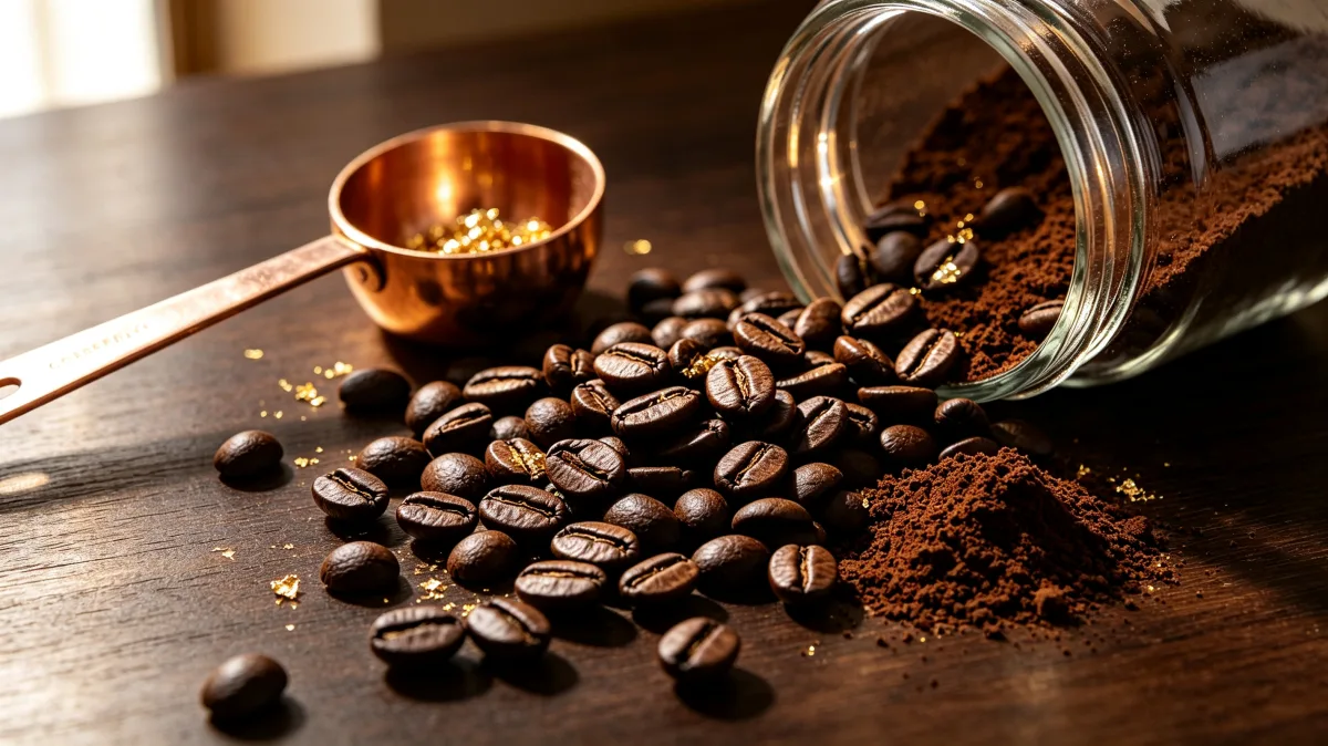 coffee beans and grounds spilled from glass jar on wooden table