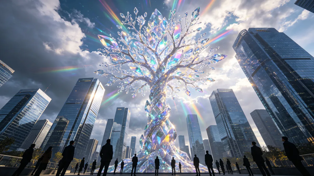 Glowing Digital Tree In Futuristic City