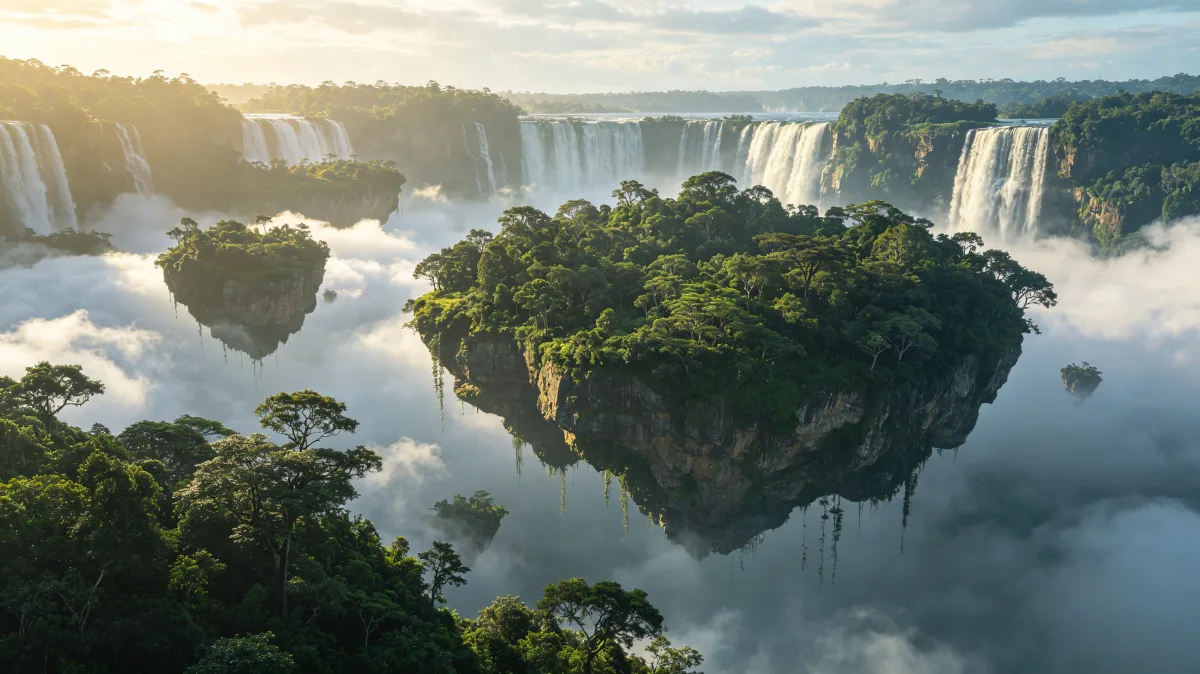 floating forest island surrounded by waterfalls and mist