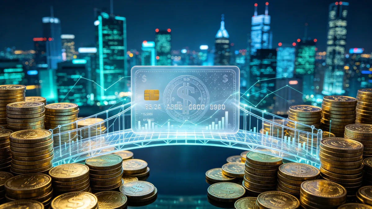 A translucent credit card and holographic interface rise from stacked coins against a night city skyline, showing digital payments, banking apps, card networks, and urban financial technology.